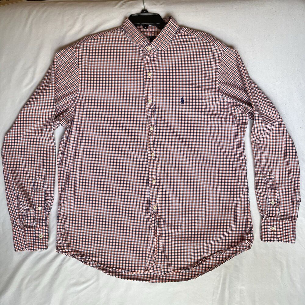 Polo Ralph Lauren Shirt Mens XL Button Up Orange Blue Plaid Long Sleeve Pony